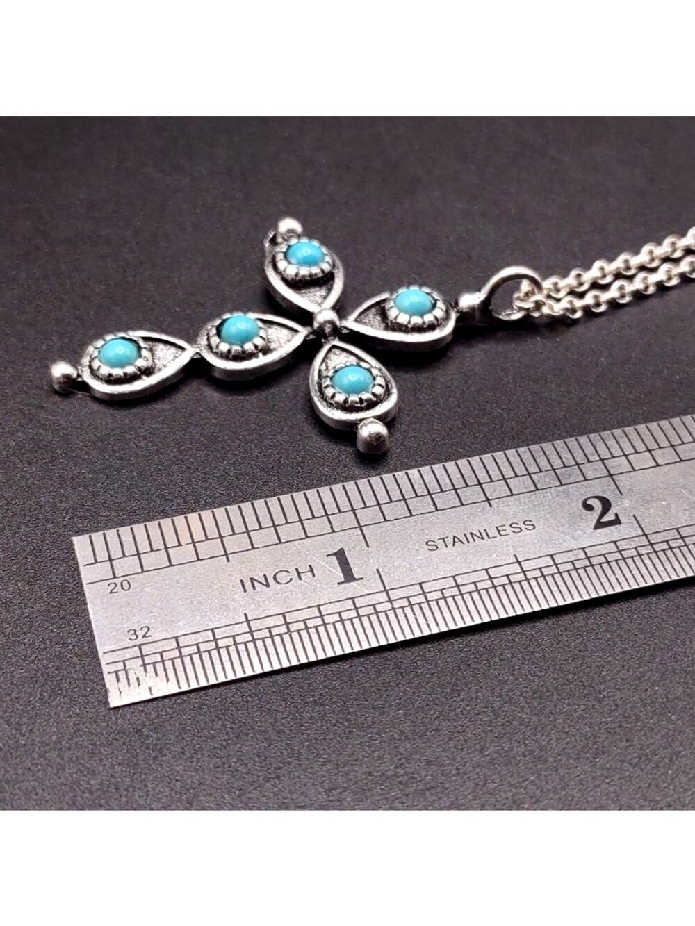 Sterling Silver Necklace w/ Cross Turquoise Teardrop Pendant Southwestern Boho